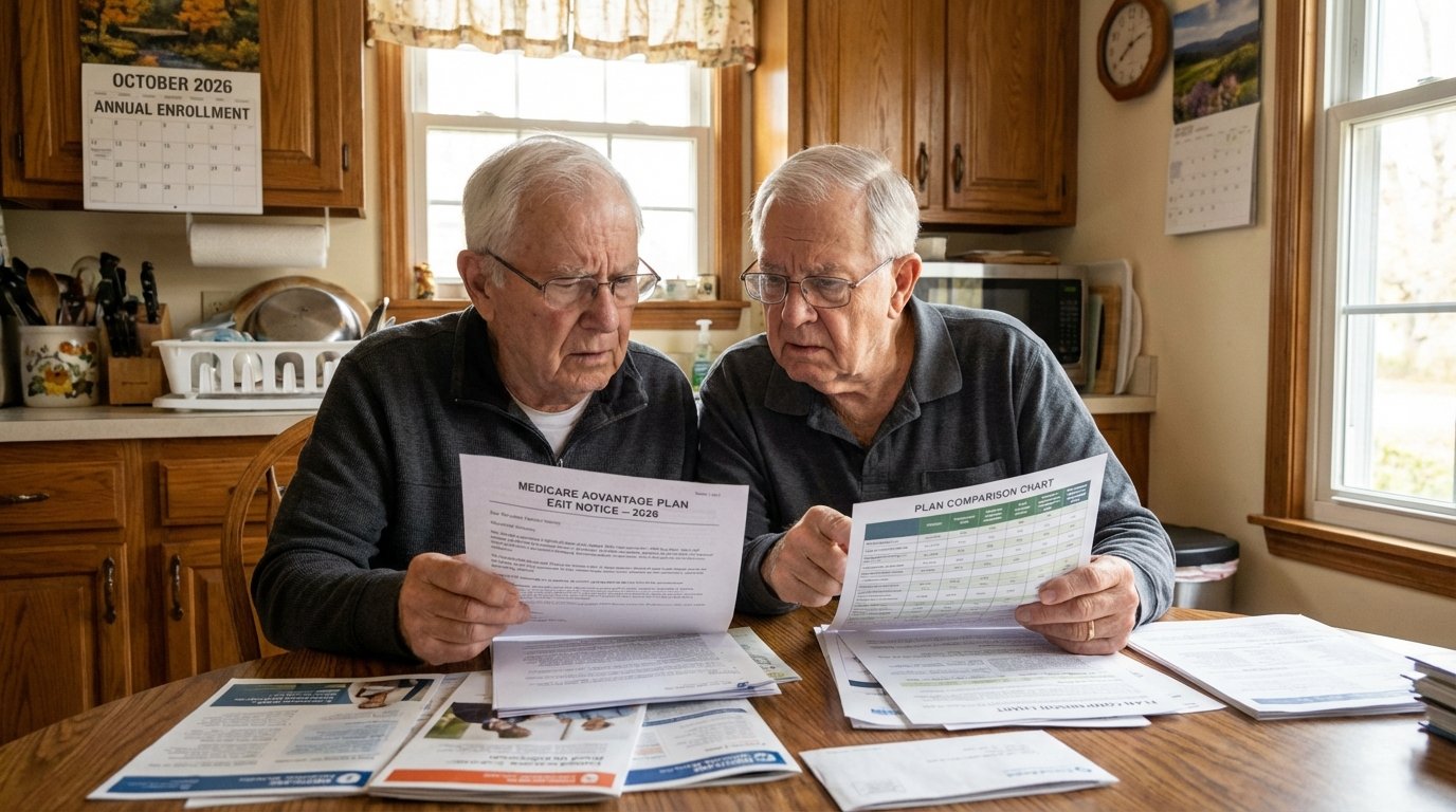 Senior couple reviewing notice that their Medicare Advantage plan is exiting the market in 2026