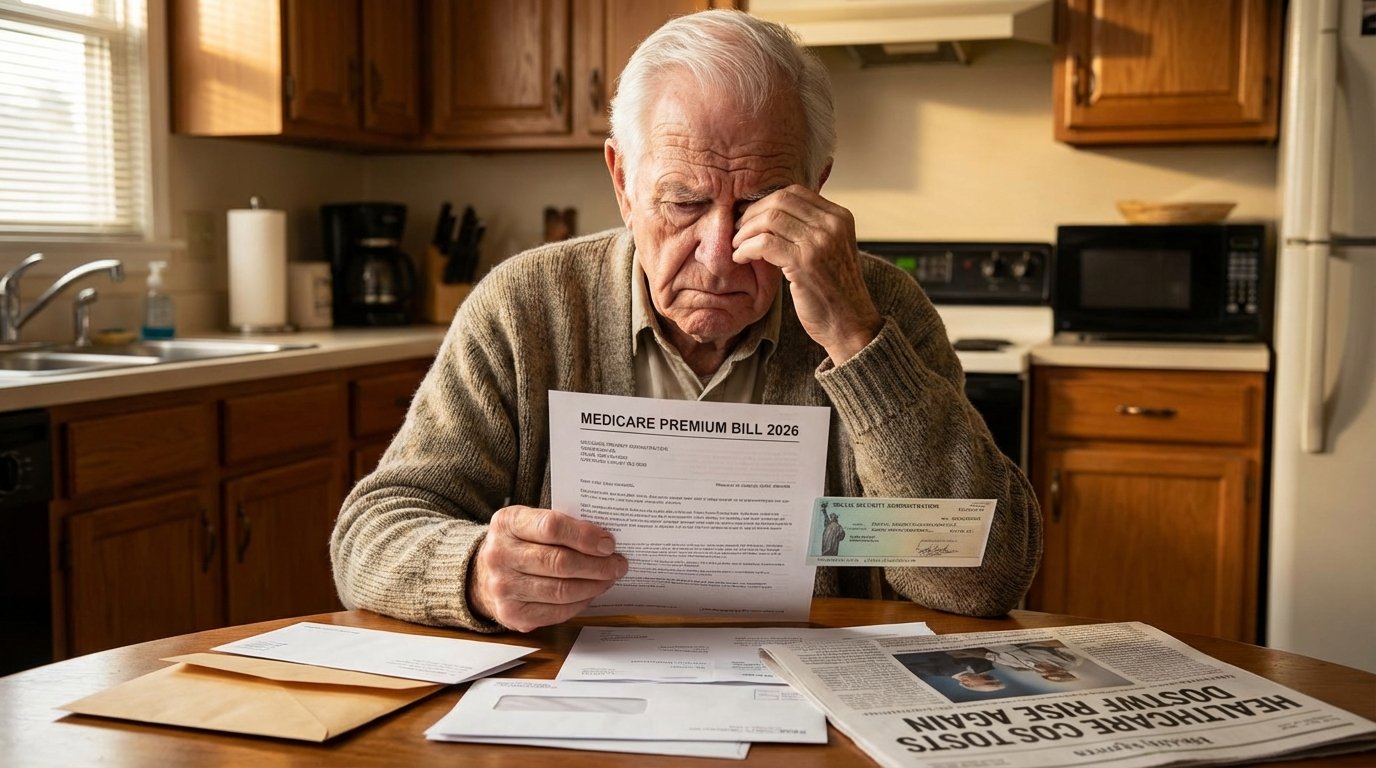 Senior reviewing a higher Medicare Part B premium bill alongside a Social Security statement
