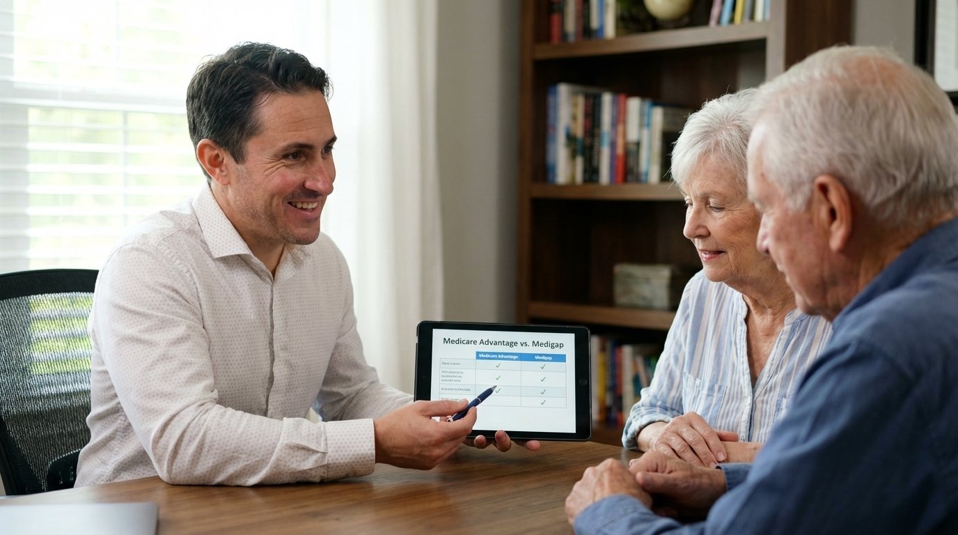 Independent Medicare broker comparing Medicare Advantage and Medigap options with a senior couple