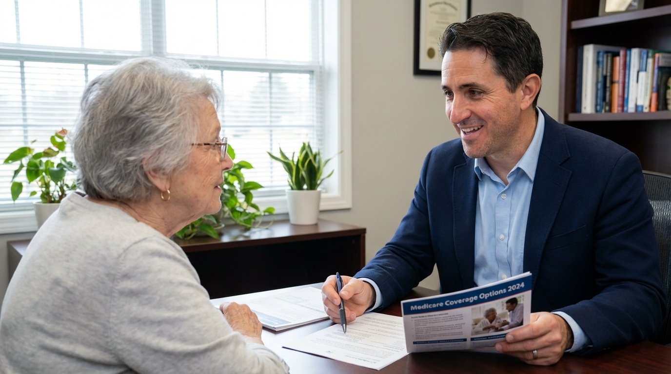 Independent Medicare insurance broker reviewing coverage options with a senior client