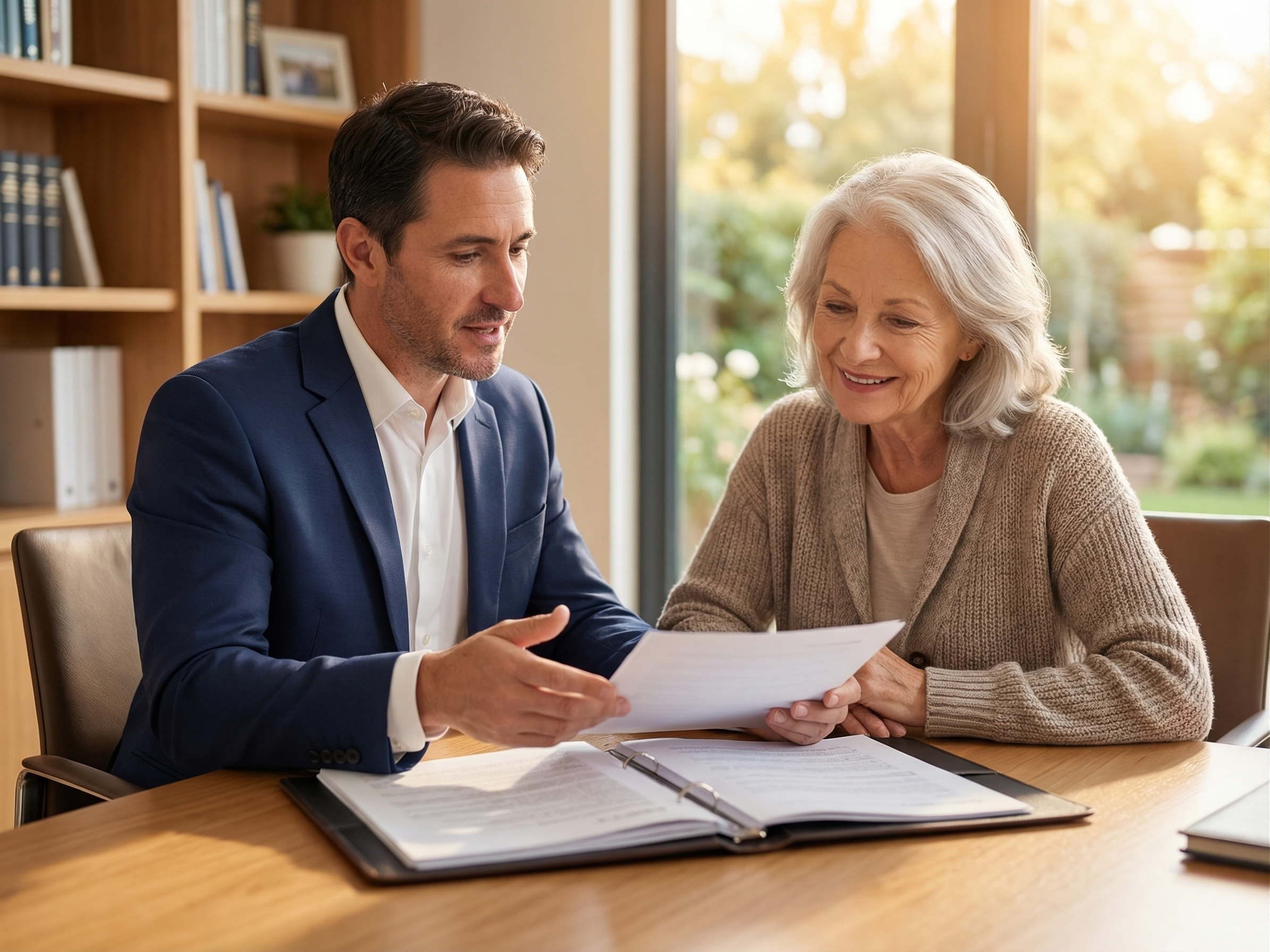 Marc Anthony reviewing life insurance documents with senior client