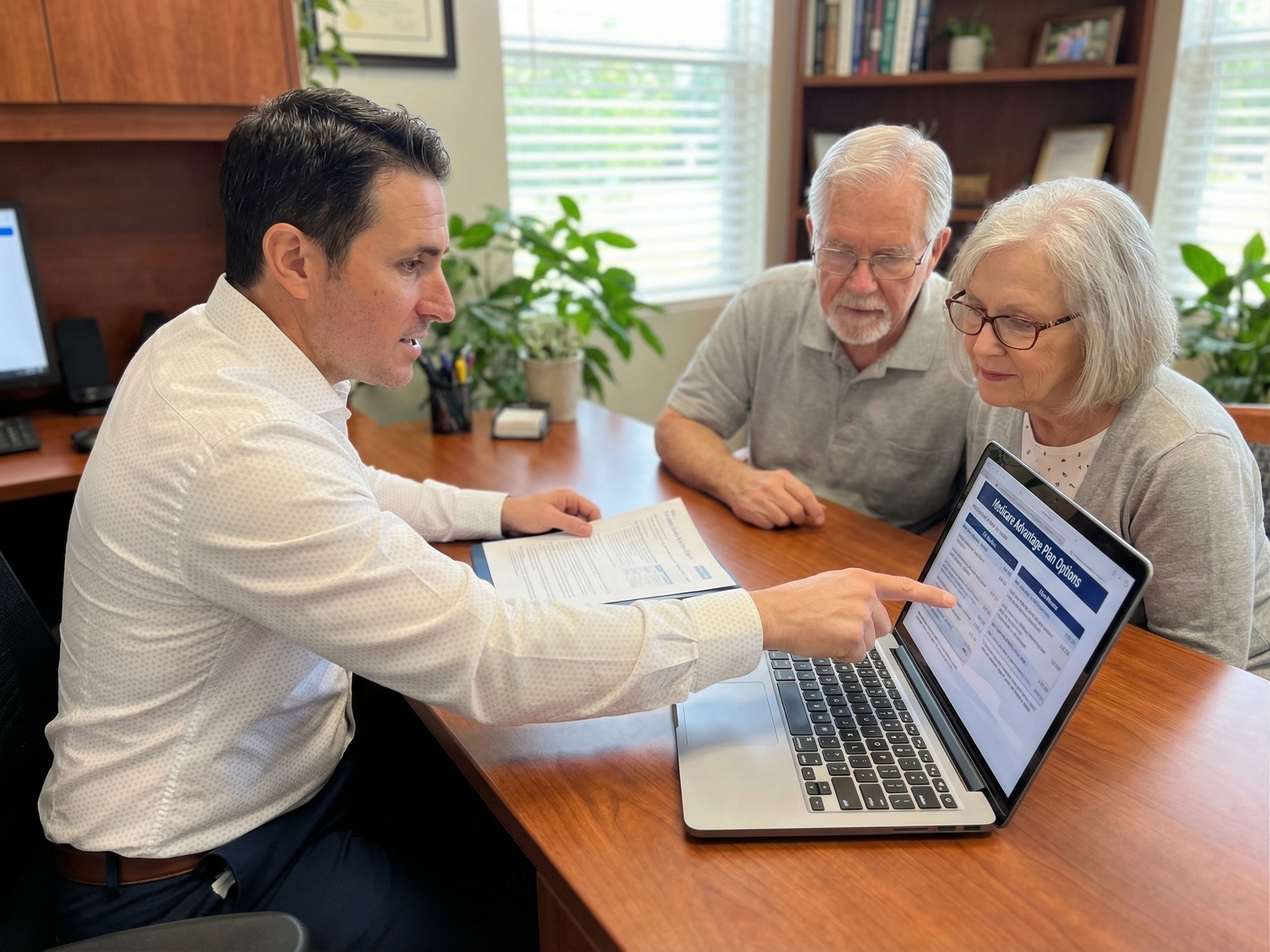 Medicare insurance broker consulting with a retired couple
